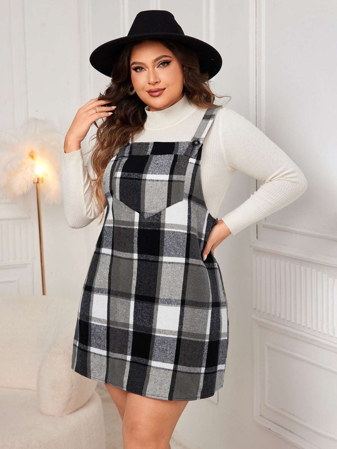 Honey Plus Size Plaid Wide Strap Overall Dress Black