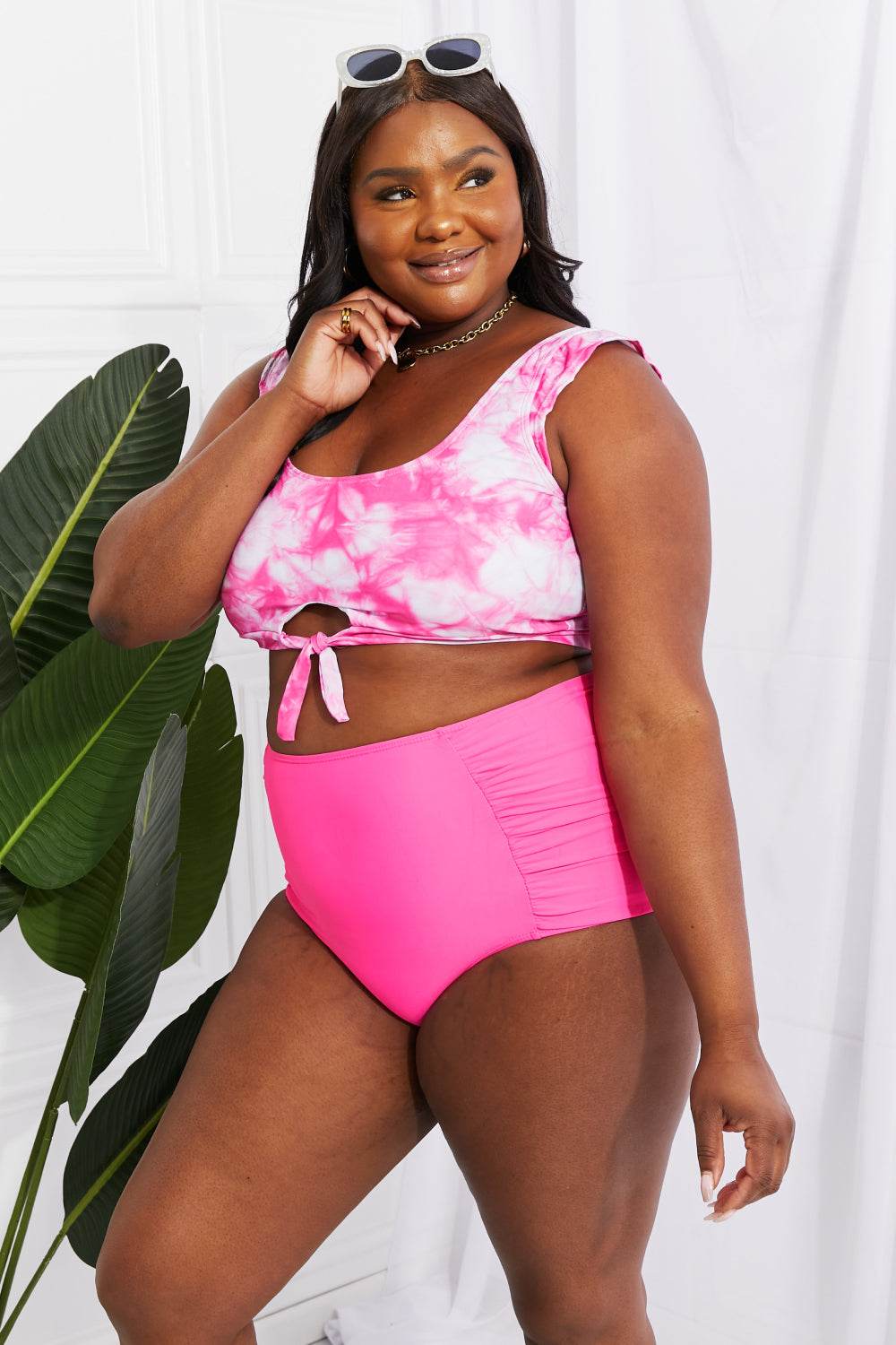 Marina West Swim Sanibel Crop Swim Top and Ruched Bottoms Set in Pink, tie-dye, high waist, moderate stretch.