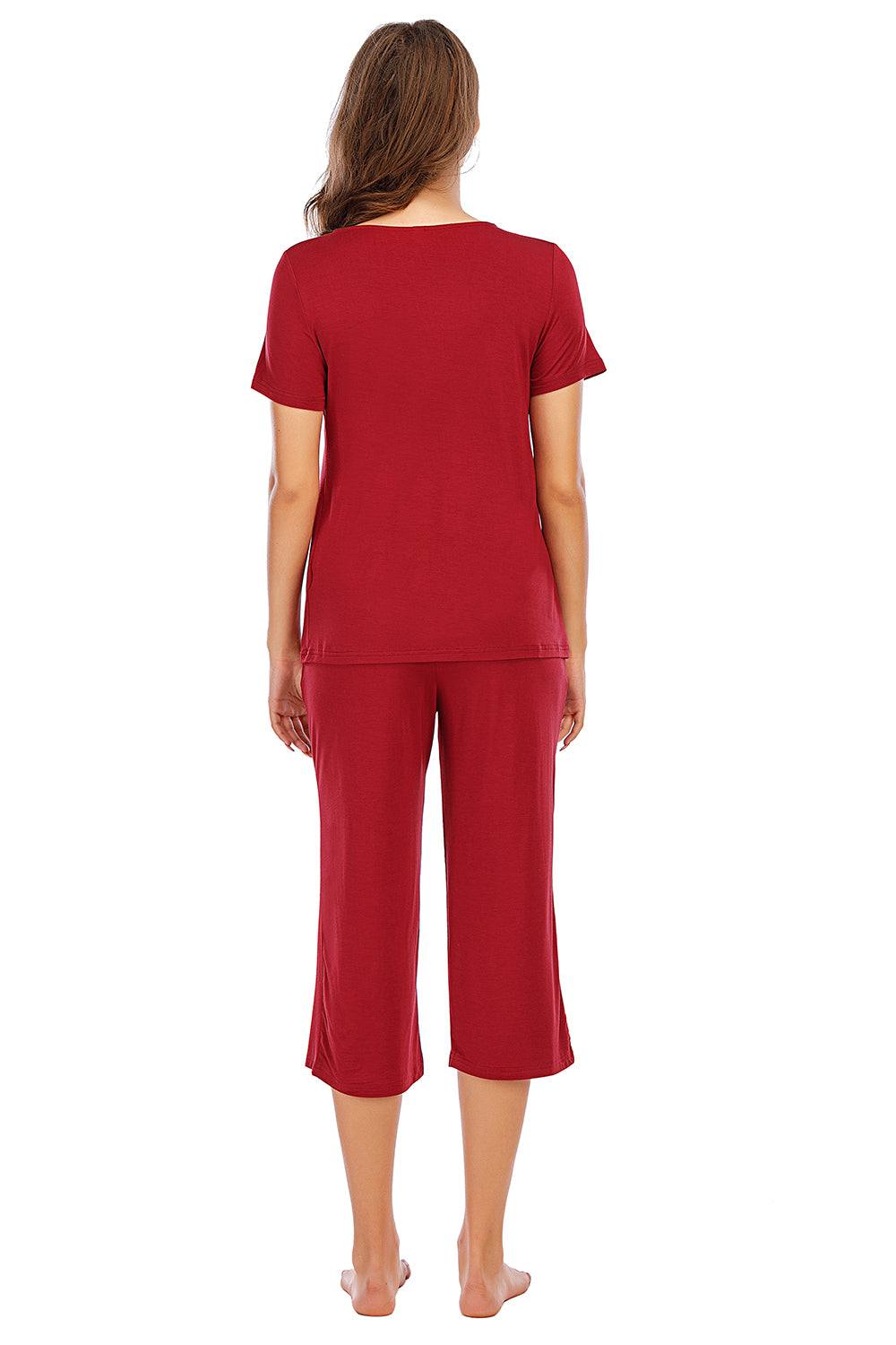 V-neck short sleeve lounge set in red, stretchy two-piece outfit made of rayon and spandex.