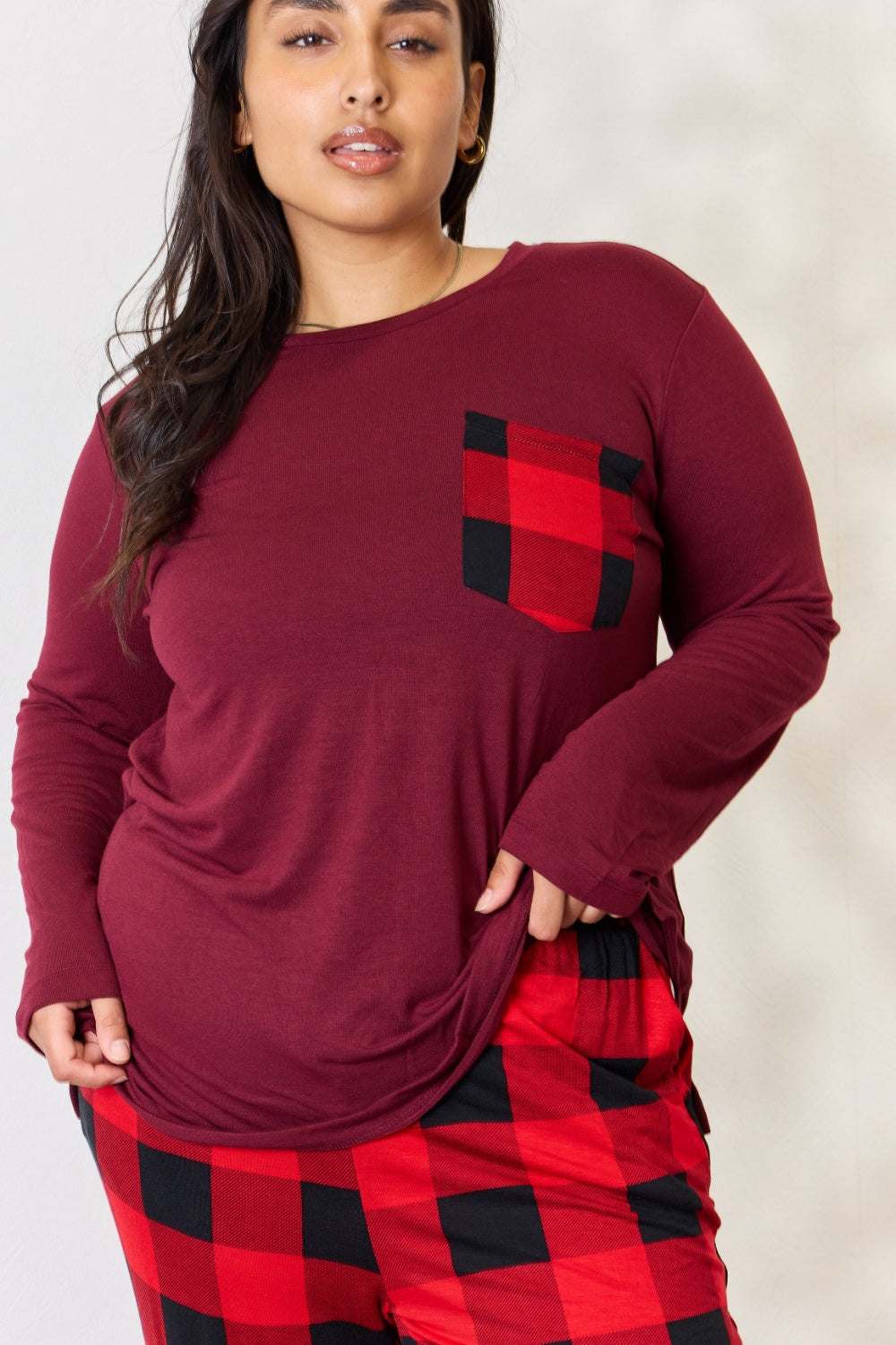 Zenana Full Size Plaid Round Neck Top with Pockets, Cozy Pajama Set