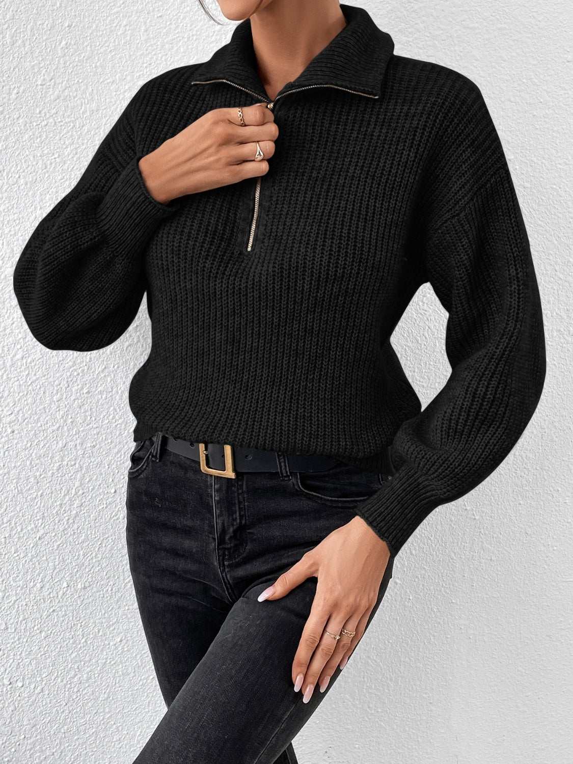 Honey Half Zip Dropped Shoulder Sweater Black