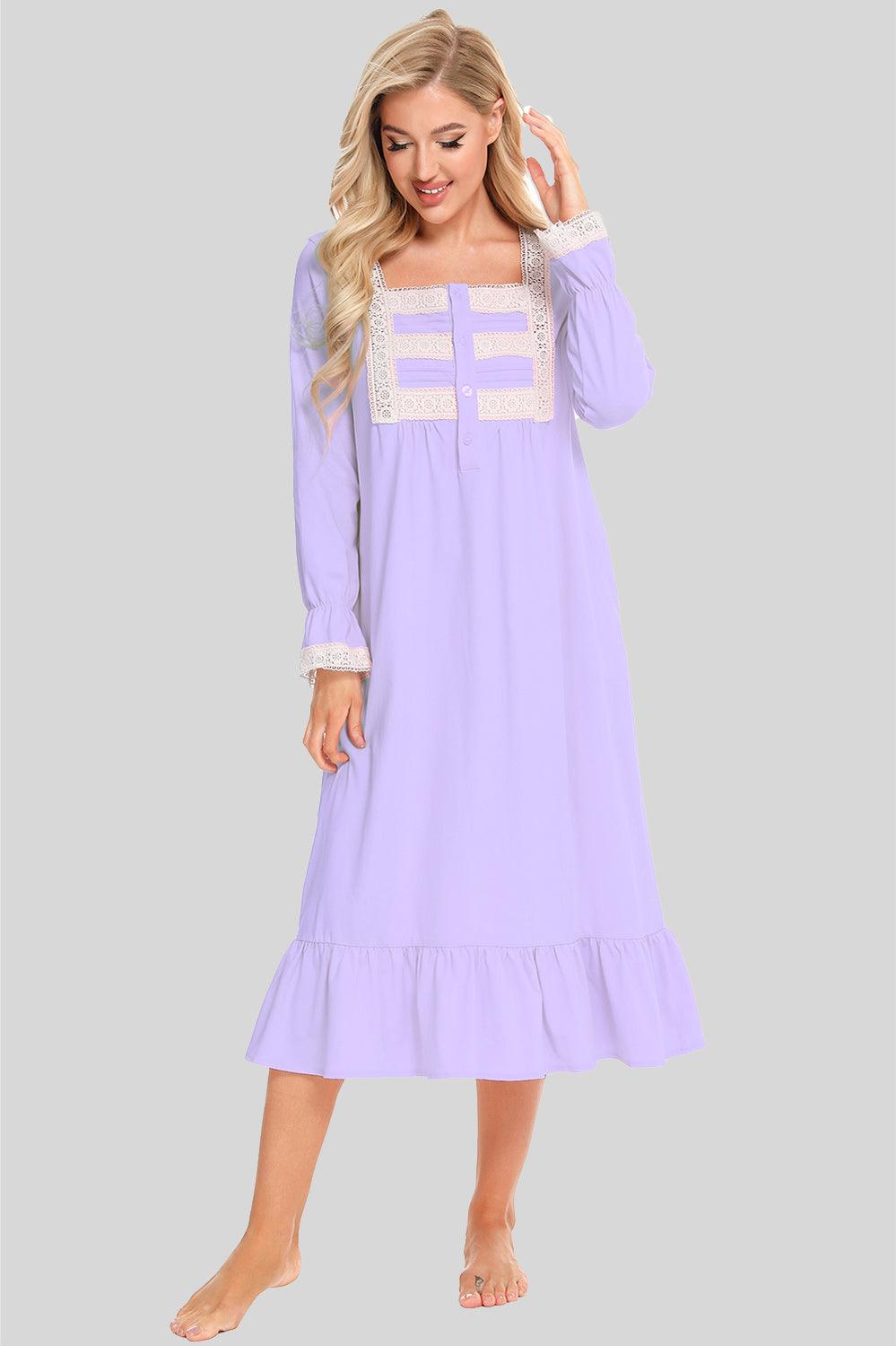 Lace detail square neck flounce sleeve night dress in lavender.