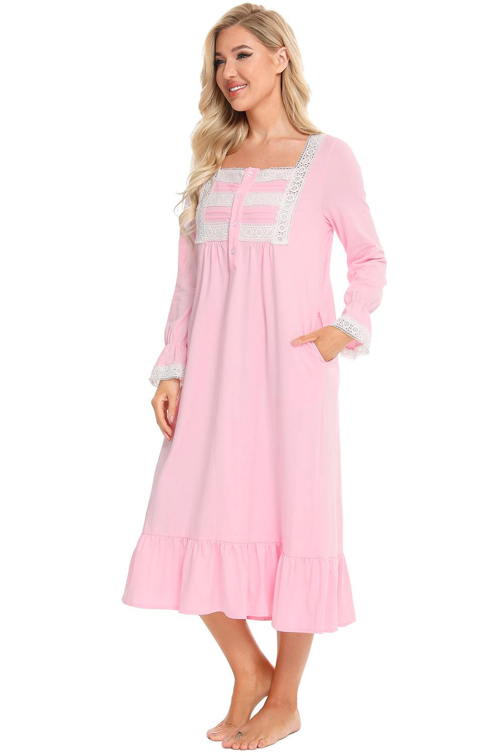 Lace detail square neck flounce sleeve night dress in pink.