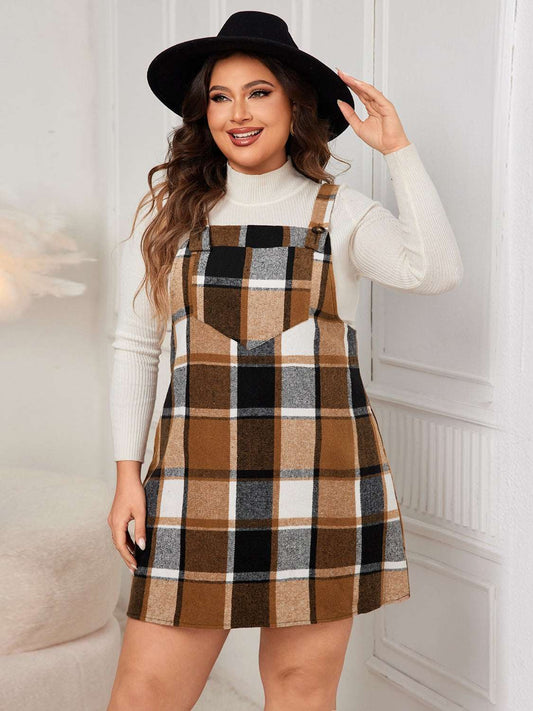 Honey Plus Size Plaid Wide Strap Overall Dress Caramel