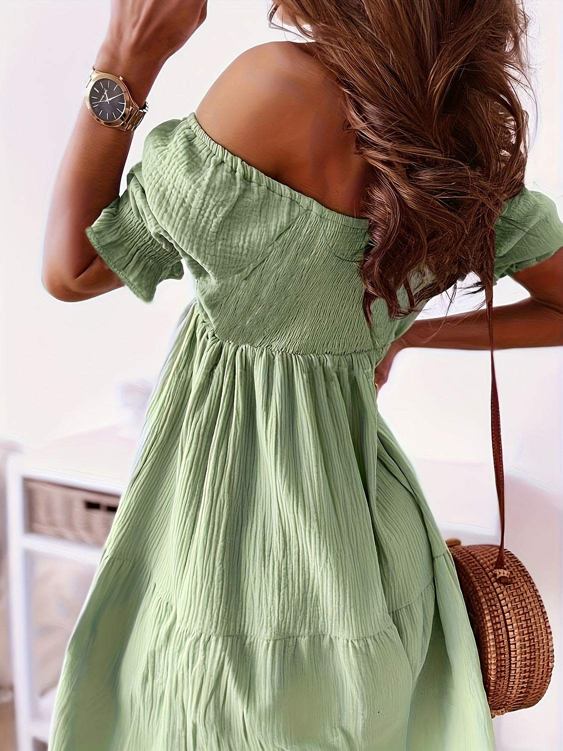 Full size ruffled off-shoulder short sleeve dress in green, slightly stretchy, polyester-cotton blend.