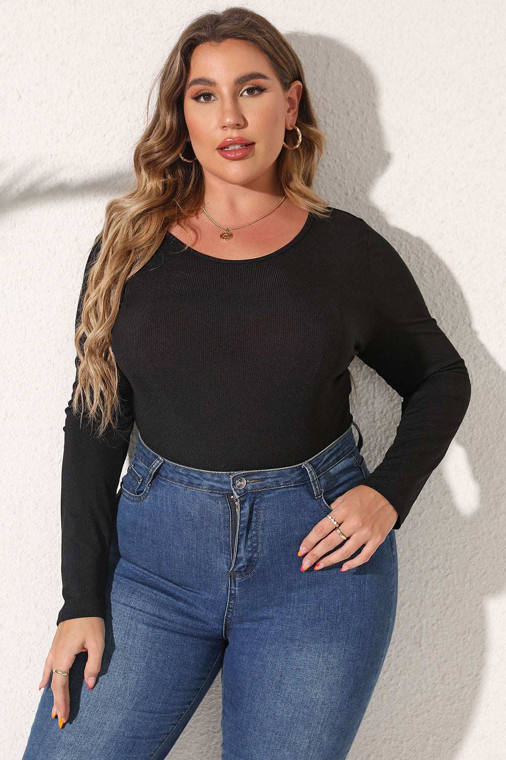 Plus Size Round Neck Long Sleeve Bodysuit  Black