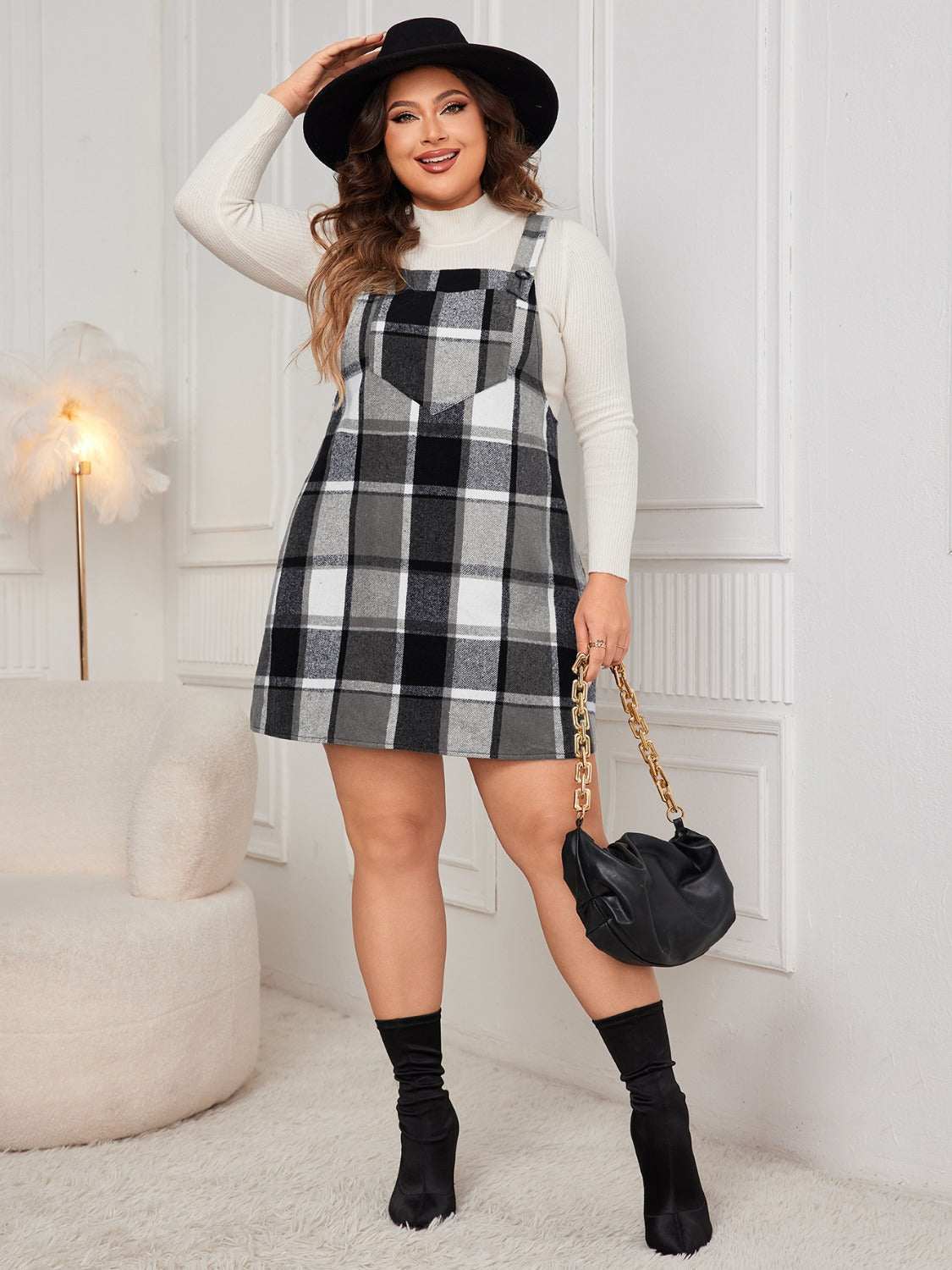 Honey Plus Size Plaid Wide Strap Overall Dress Black