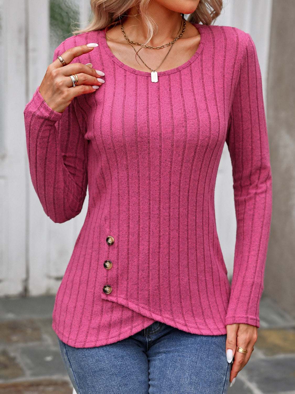 Decorative Button Round Neck Long Sleeve T-Shirt Deep Rose