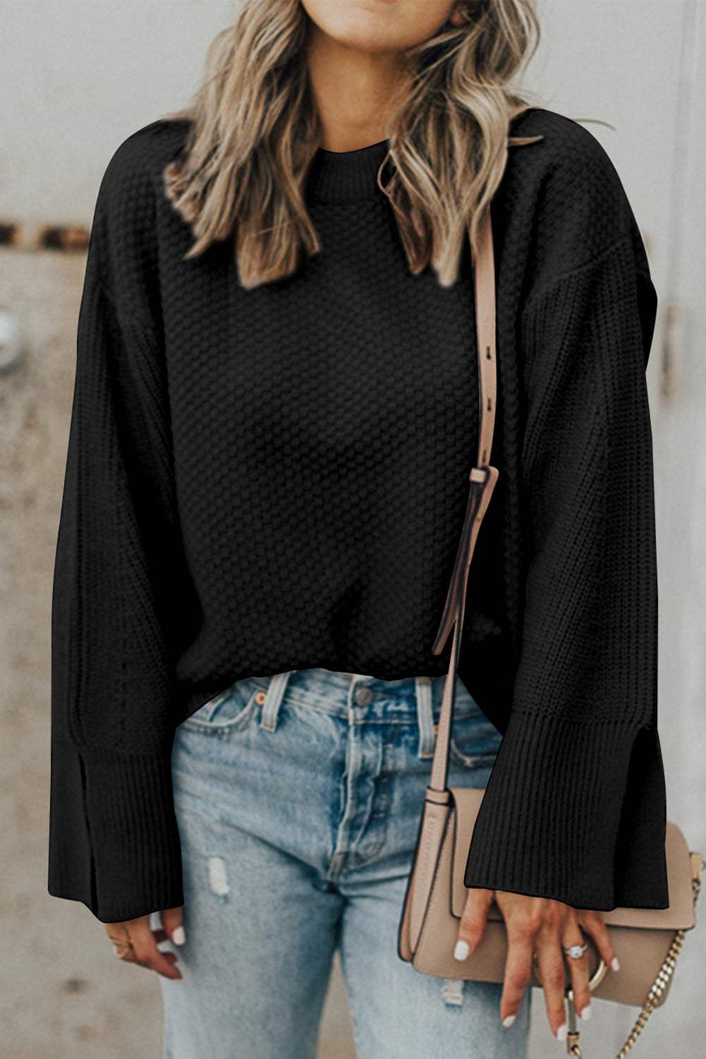 Textured Round Neck Long Sleeve Sweater Black