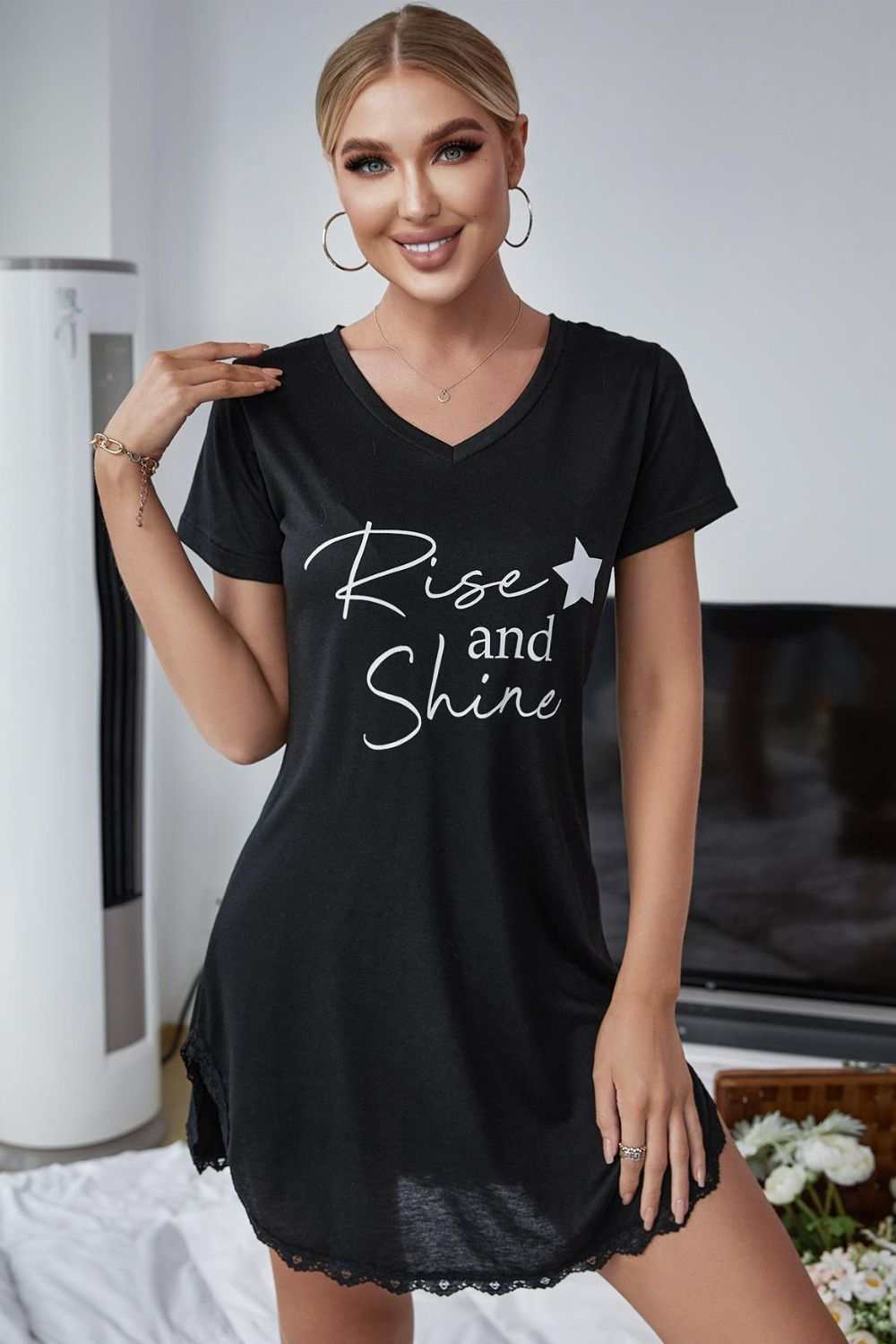 RISE AND SHINE Contrast Lace V-Neck T-Shirt Dress, graphic pattern, short sleeves, slightly stretchy fabric.