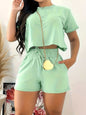 Full Size Round Neck Short Sleeve Top and Shorts Set with Pockets and Tie, Light Green, Polyester, Two-Piece, Slightly Stretchy.