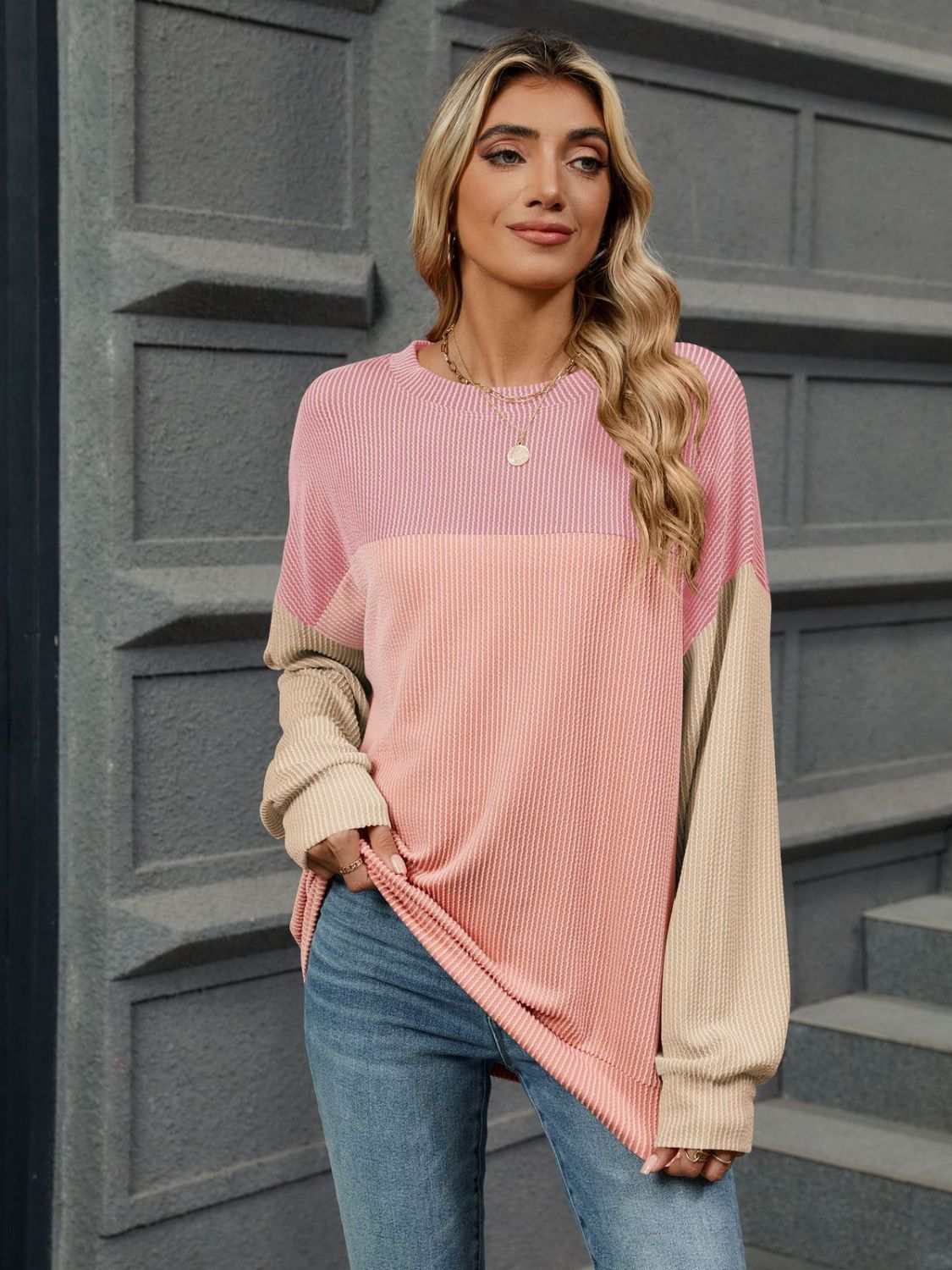 Double Take Contrast Round Neck Long Sleeve T-Shirt Dusty Pink