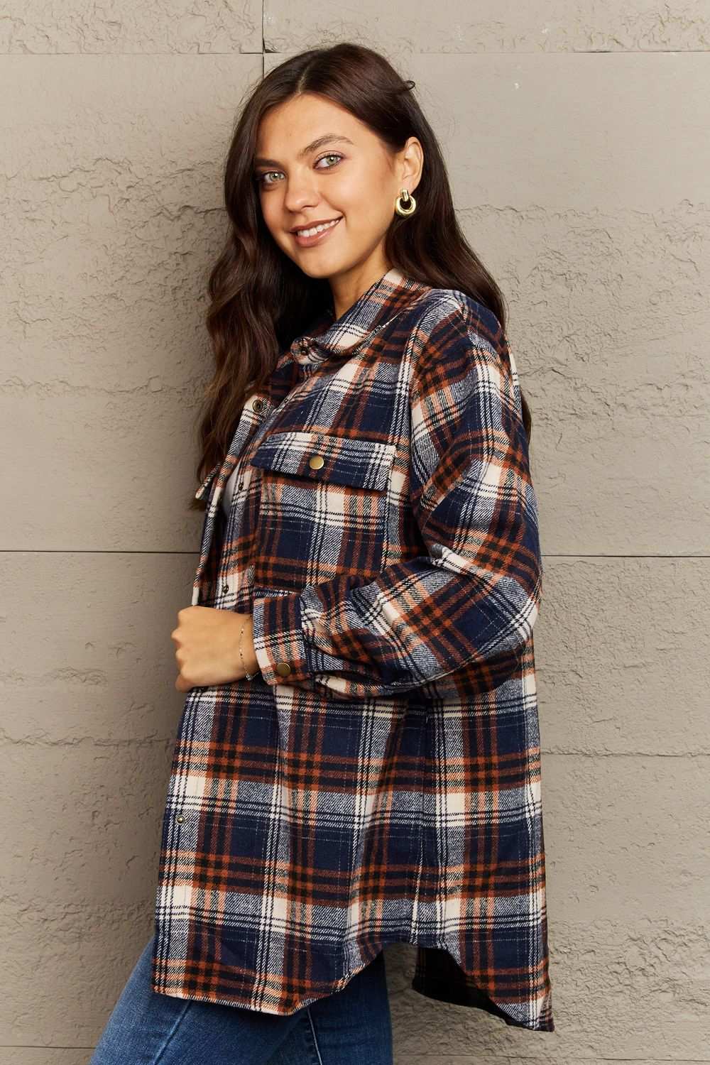 Ninexis Full Size Plaid Collared Neck Button-Down Long Sleeve Jacket Navy