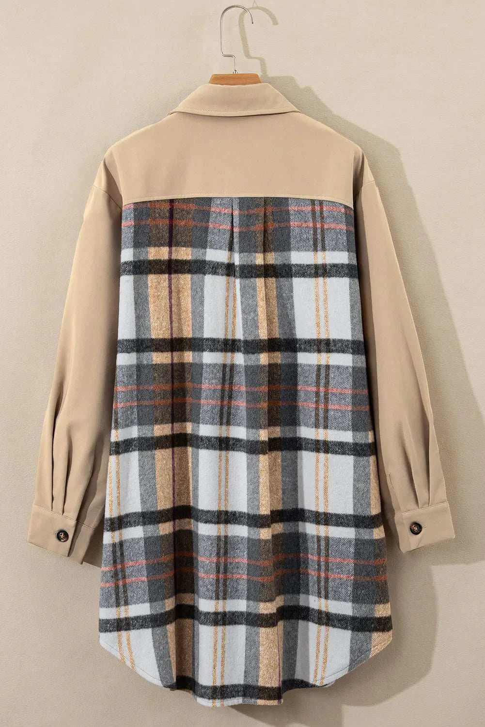 Pocketed Plaid Long Sleeve Mini Dress Tan