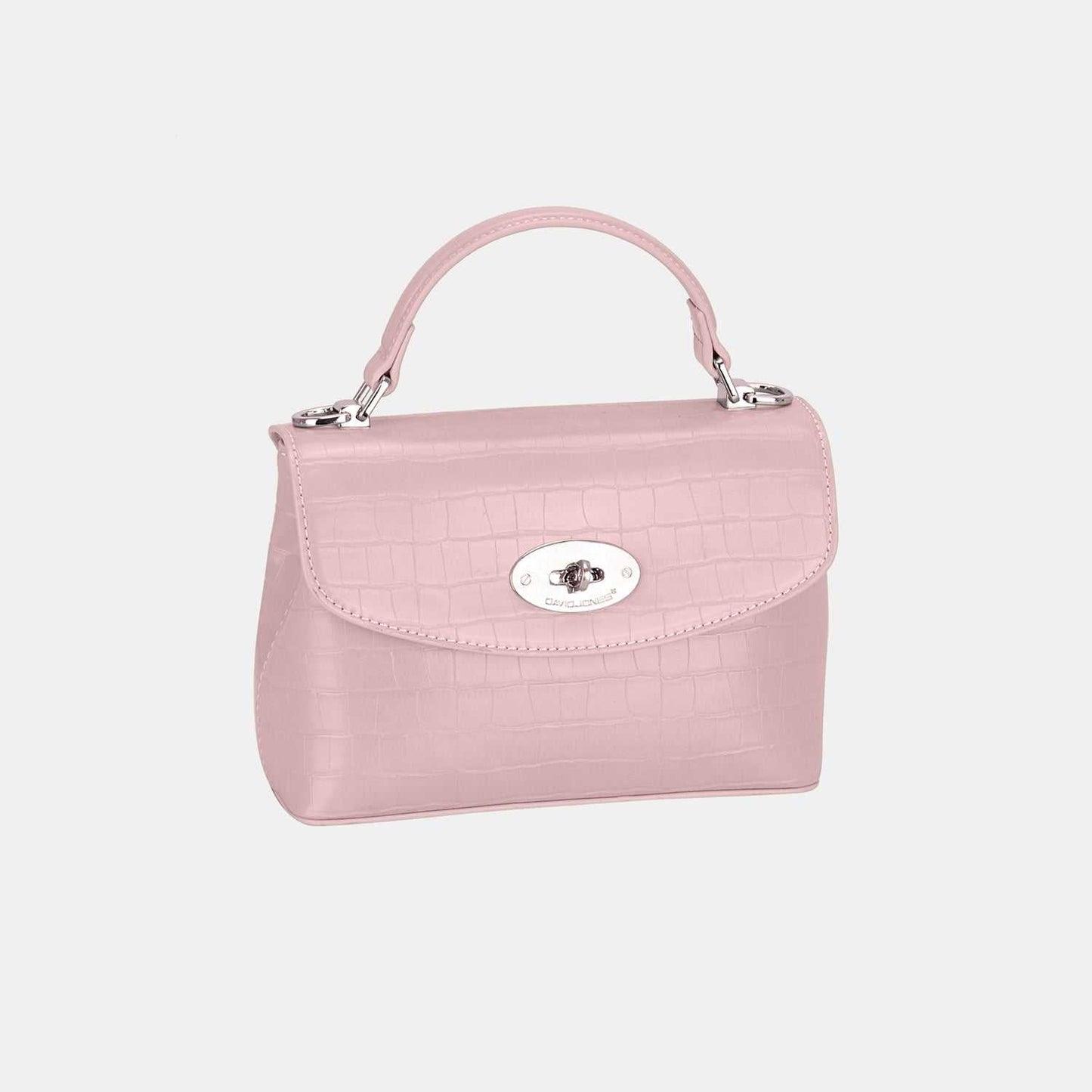 David Jones textured pink PU leather handbag, small size, stylish and durable accessory.