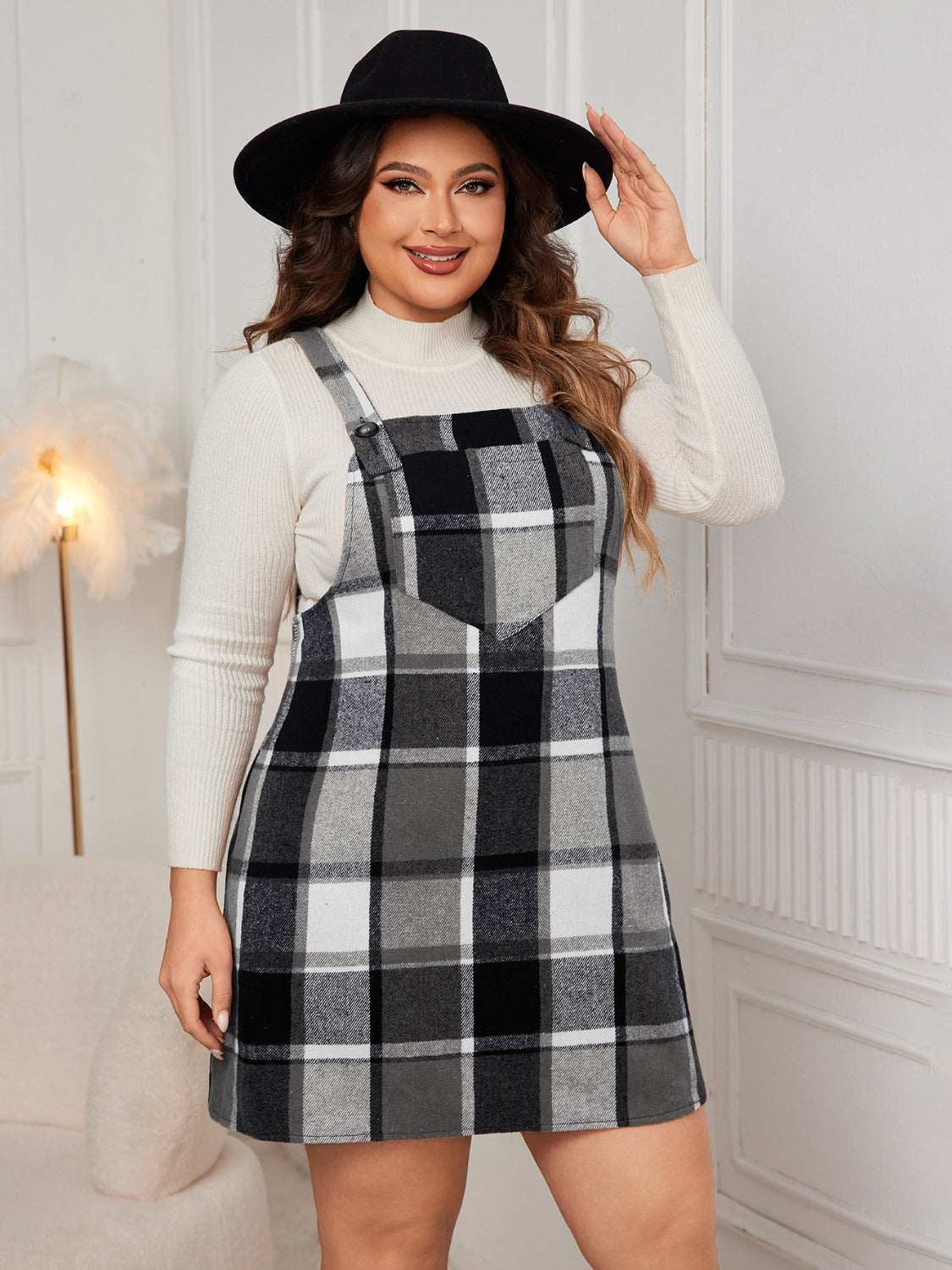 Honey Plus Size Plaid Wide Strap Overall Dress Black