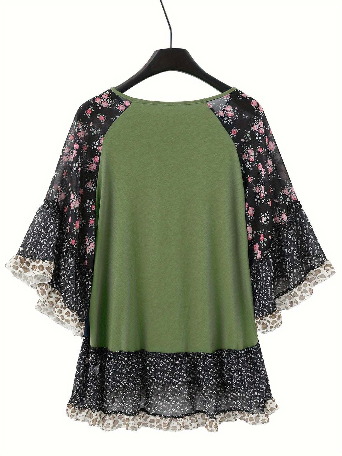 Full Size Frill Printed Round Neck Half Sleeve Blouse on hanger