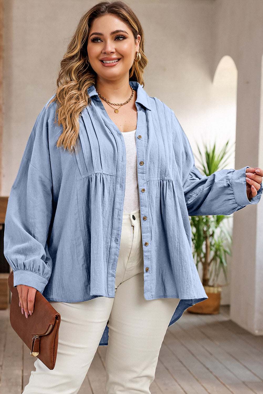 Plus Size High-Low Button Up Dropped Shoulder Shirt Light Blue