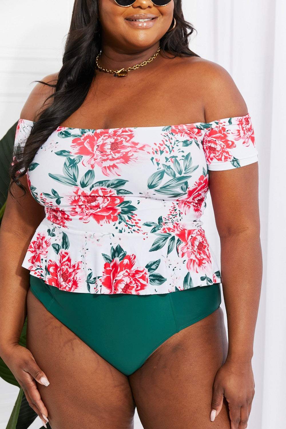 Marina West Swim Coastal Cutie off-shoulder tankini set with floral design and high-waisted bottoms.