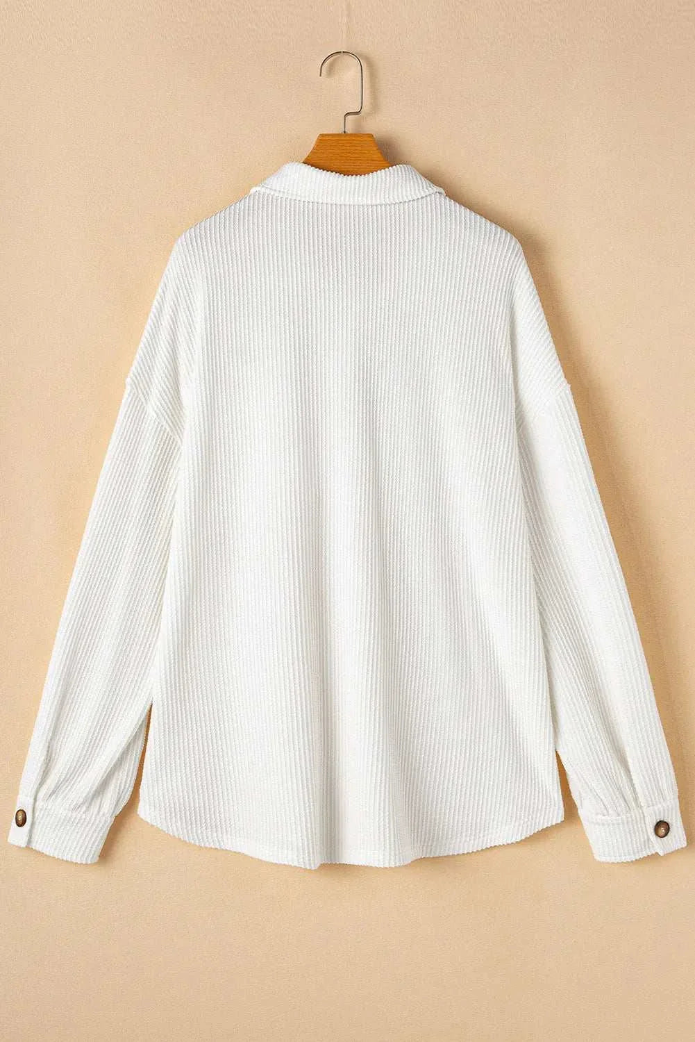 Plus size long sleeve button-up jacket in white, polyester blend.