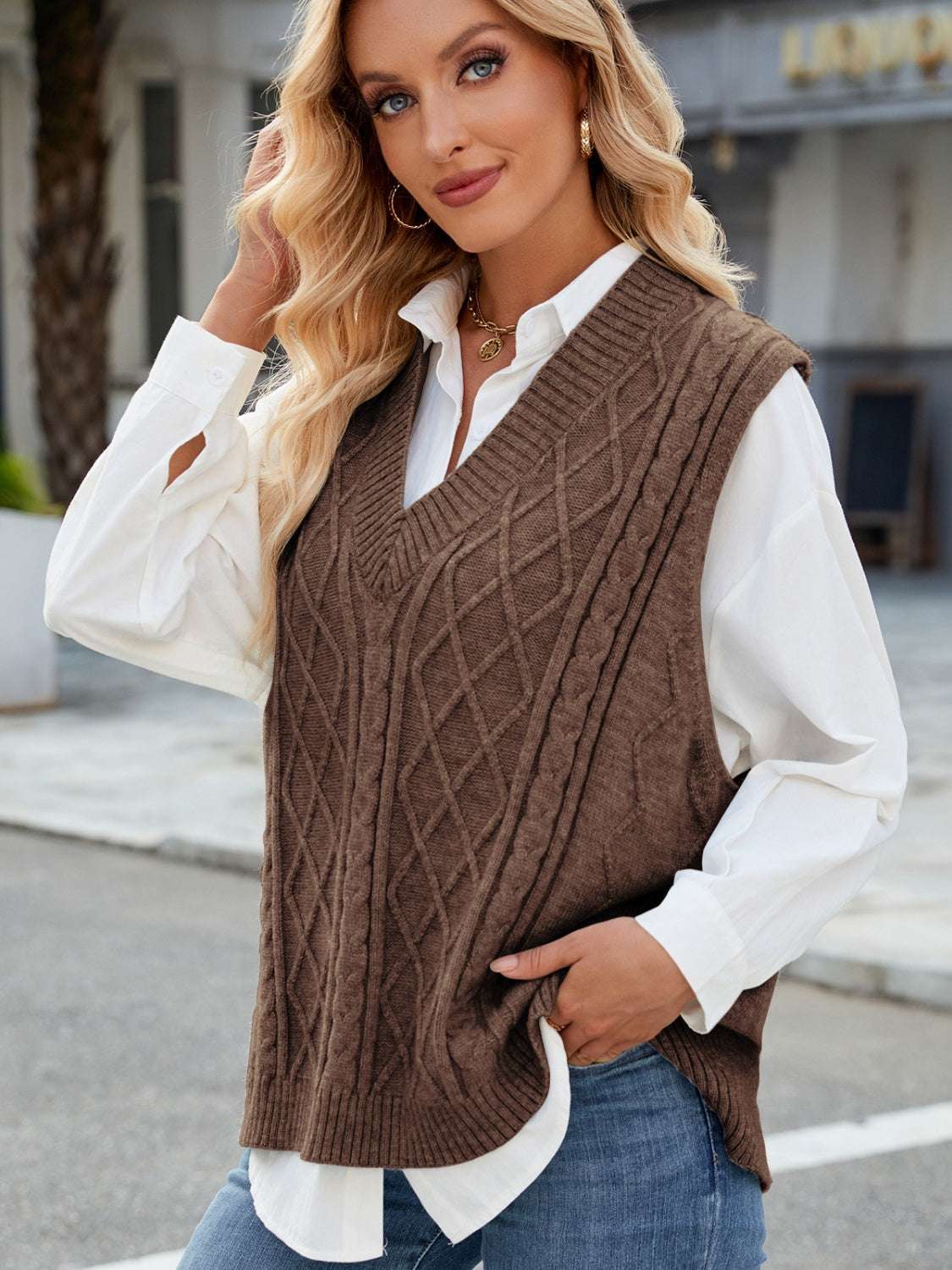 Cable Knit V-Neck Sweater Vest in brown, slightly stretchy, acrylic material.