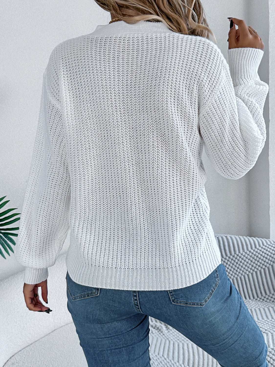 Cutout V-Neck Long Sleeve Sweater White