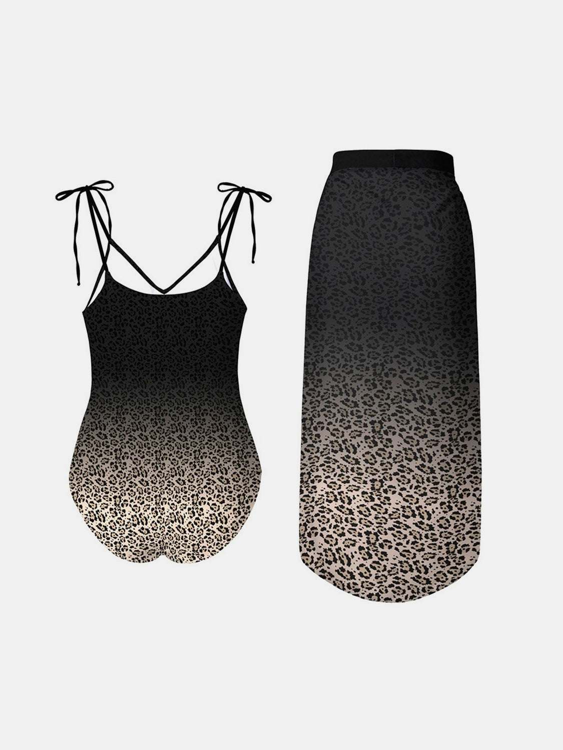 FAM-FAM Leopard Tie Shoulder Swimwear and Skirt Set - Two-piece, slightly stretchy, removable pads, leopard print.