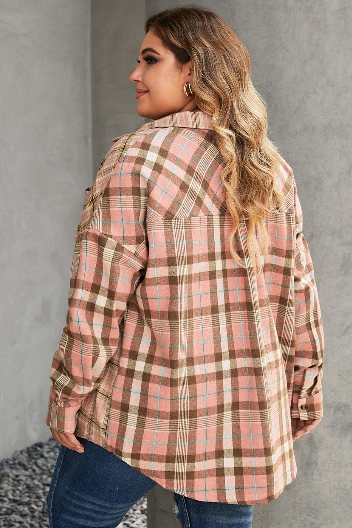 Plus Size Plaid Button Up Collared Neck Shirt Dusty Pink