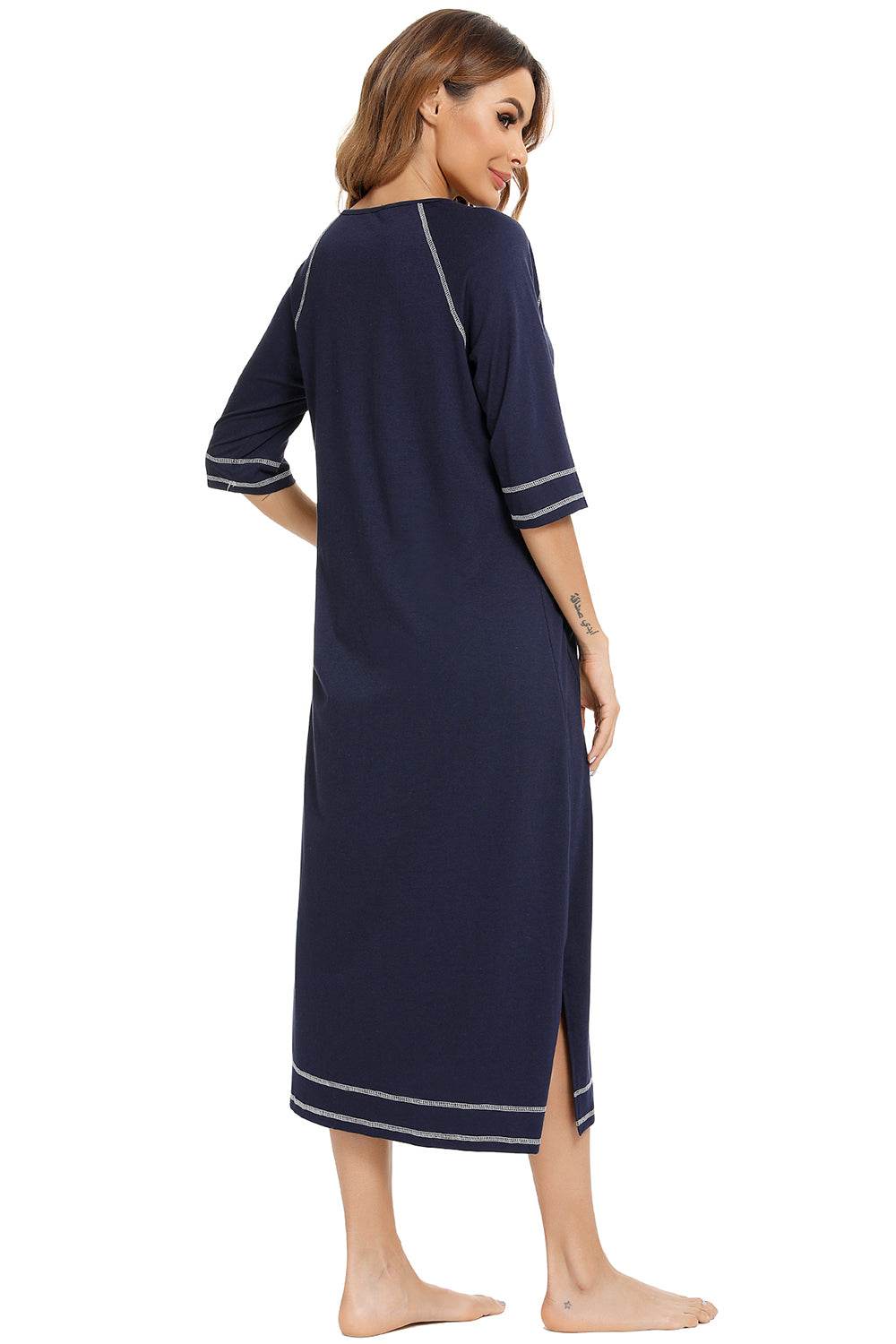 Zip Up Slit Round Neck Night Dress with Pockets in navy, featuring a comfortable slit and soft 65% cotton fabric.