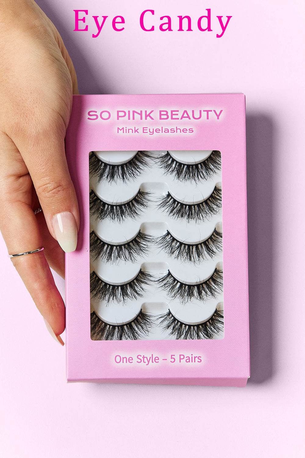 SO PINK BEAUTY Mink Eyelashes 5 Pairs, luxurious and natural-looking false lashes in pink packaging.