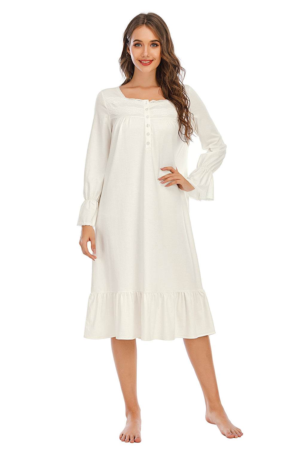 Flounce Sleeve Ruffle Hem Night Dress with Lace Detail