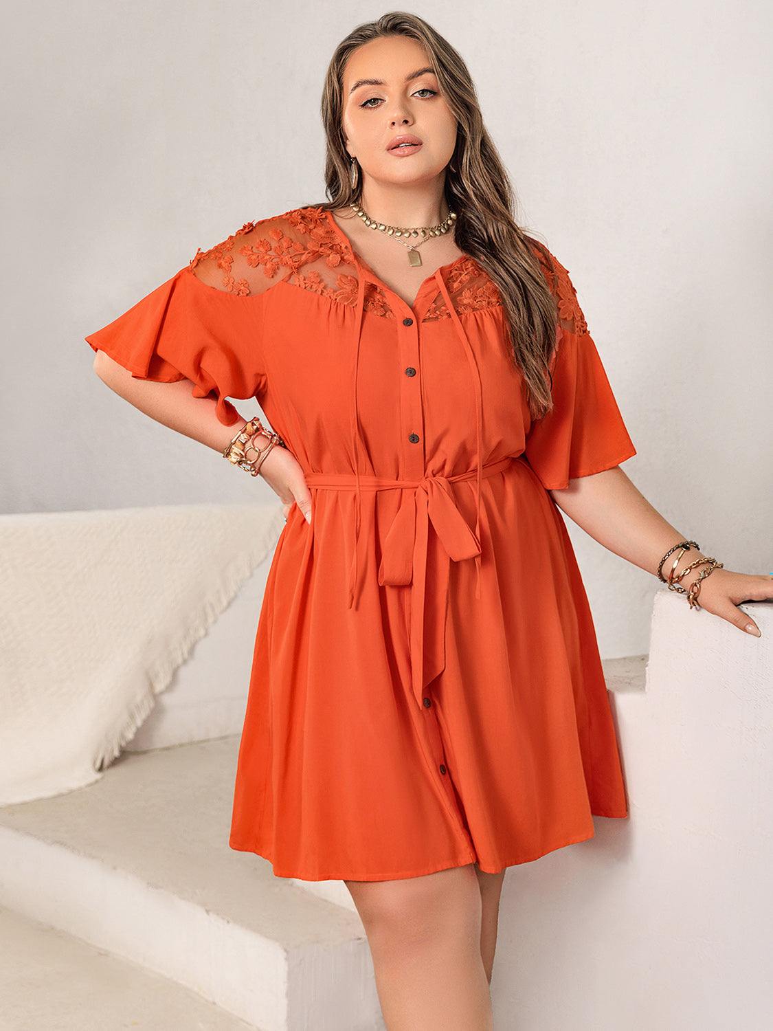 Plus size lace button up half sleeve dress, semi-sheer, tied waist.