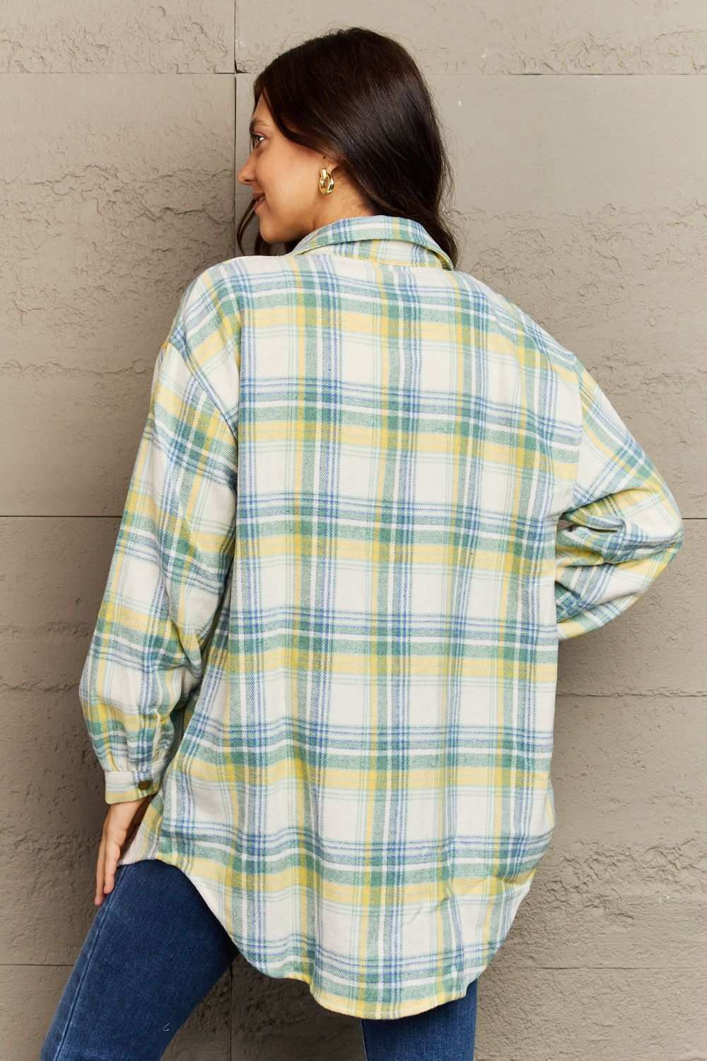 Ninexis Full Size Plaid Collared Neck Button-Down Long Sleeve Jacket Gum Leaf