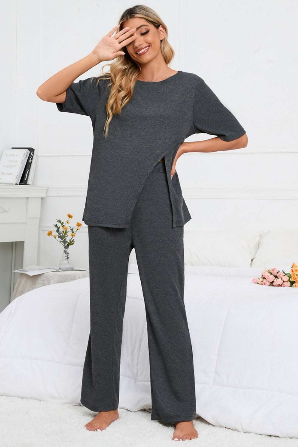 Slit round neck top and pants lounge set in dark gray, slightly stretchy polyester.