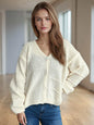 Button Down V-Neck Long Sleeve Cardigan in cream, slightly stretchy, polyester-acrylic blend.