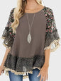 Full Size Frill Printed Round Neck Half Sleeve Blouse, floral and polka dot design.