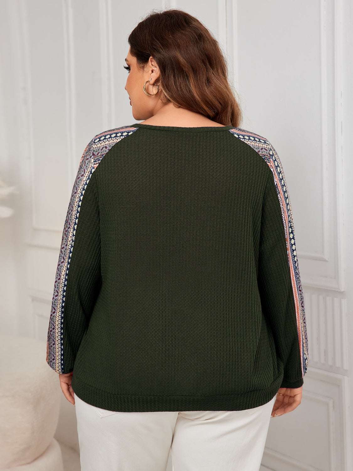 Plus size printed long sleeve sweatshirt, green color, back view.