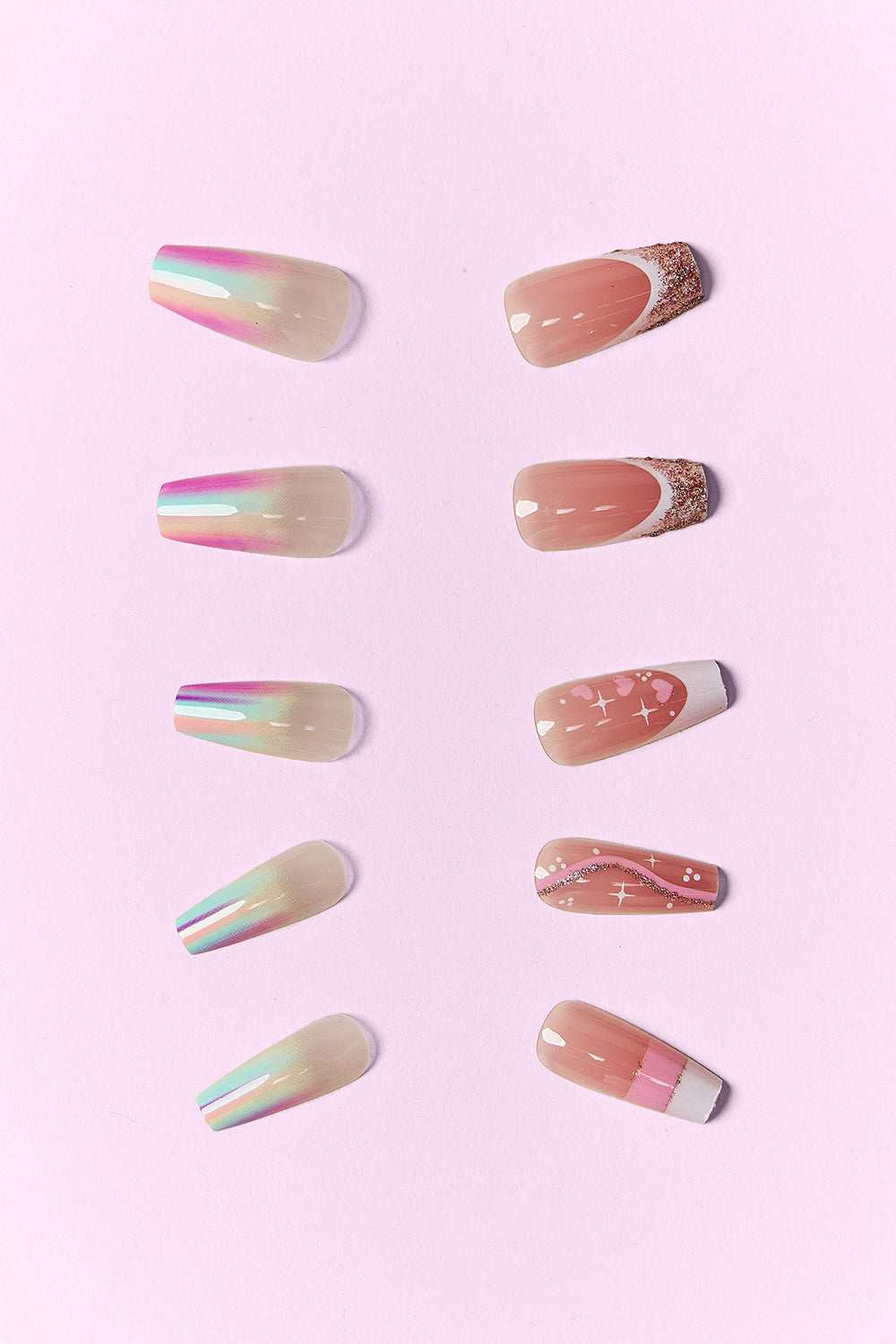 PINK BEAUTY Press On Nails with two stylish designs displayed against a pink background.