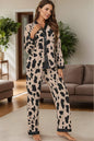 Long sleeve button-up top and pants lounge set in black and beige print.