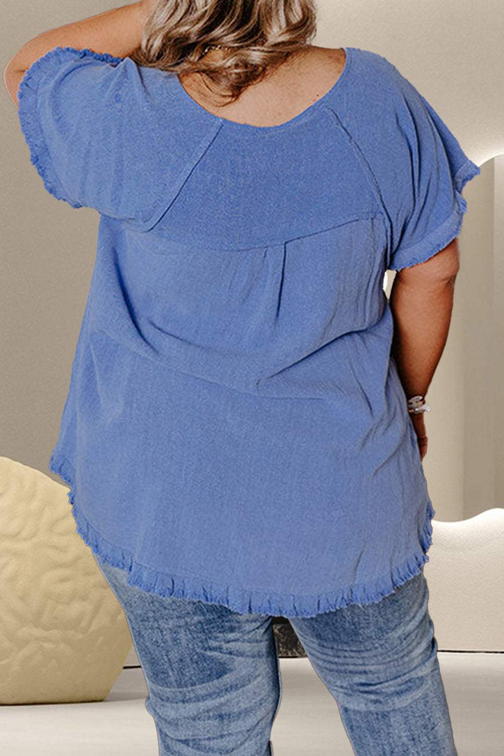 Plus Size Round Neck Half Sleeve Top in blue, slightly stretchy viscose-linen blend.