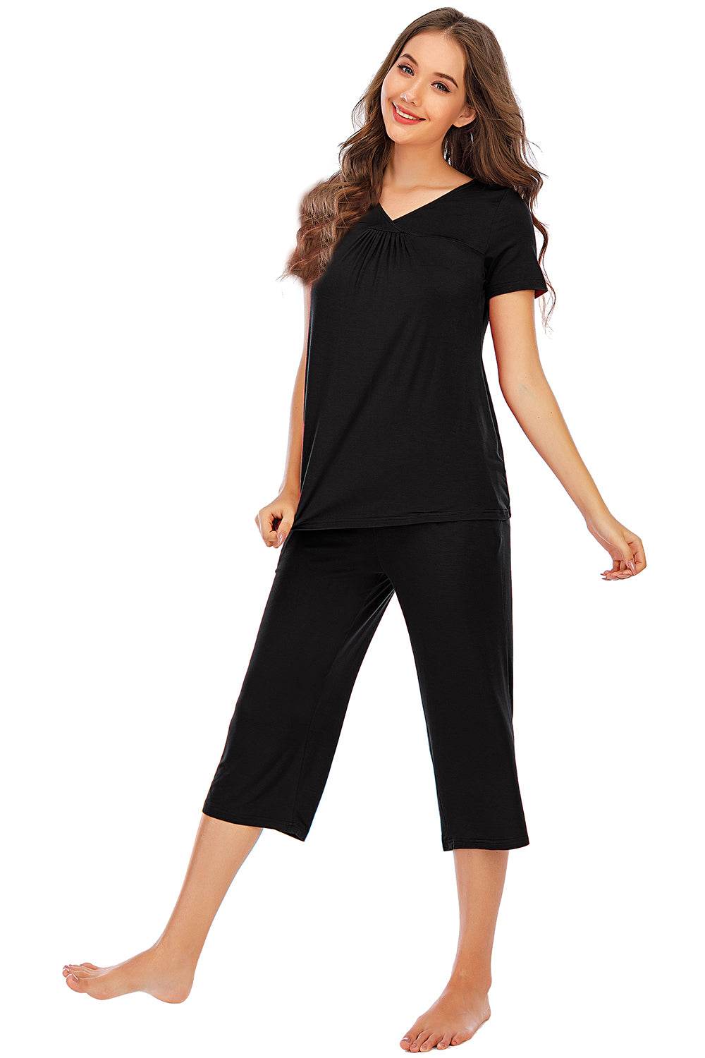 V-Neck Short Sleeve Top and Pants Lounge Set in black, stretchy rayon blend, two-piece outfit.