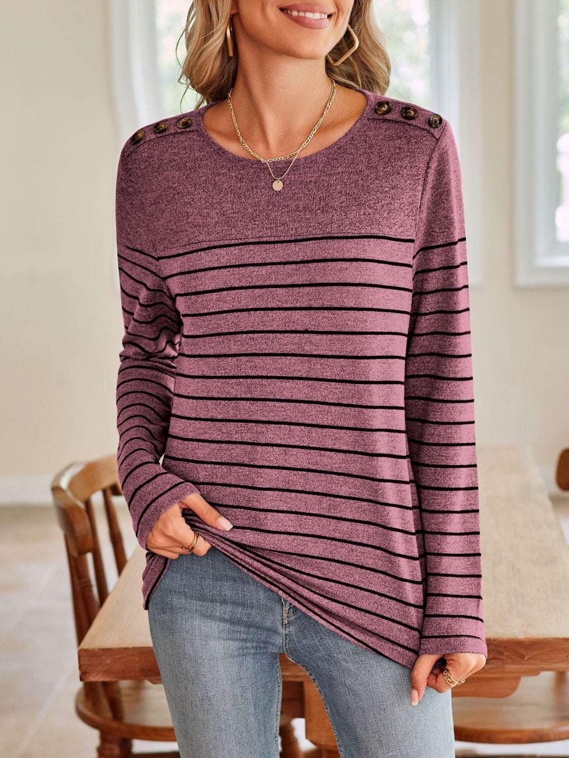 Lovelet Striped Round Neck Long Sleeve T-Shirt