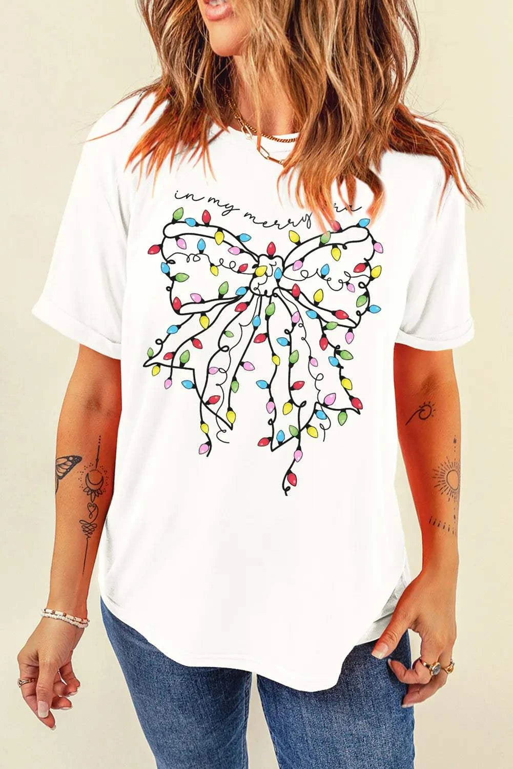 Full Size Bow Round Neck Short Sleeve T-Shirt with colorful bow design, basic style, slightly stretchy fabric.