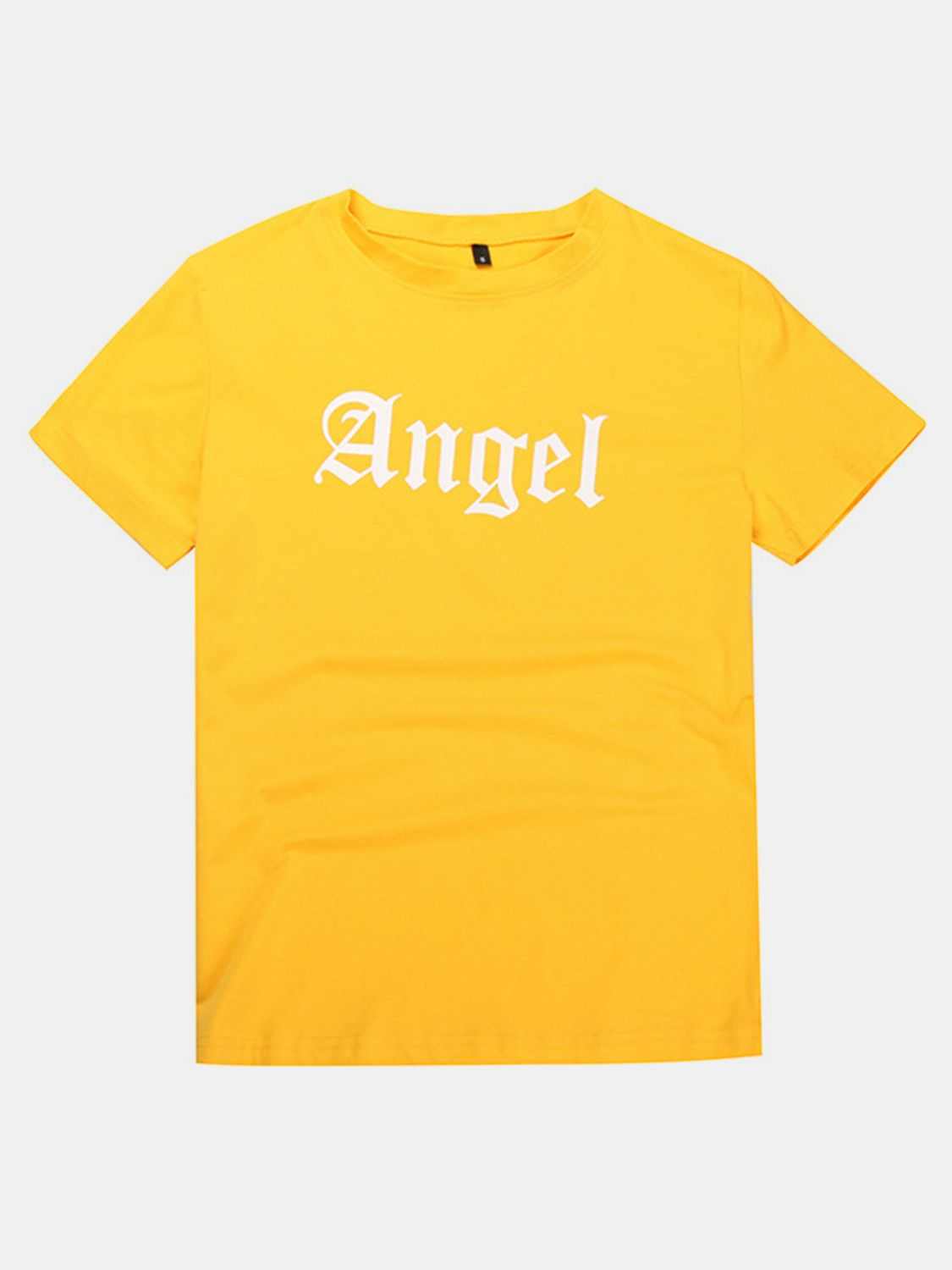 Perfee ANGEL round neck short sleeve t-shirt in yellow with "Angel" text.