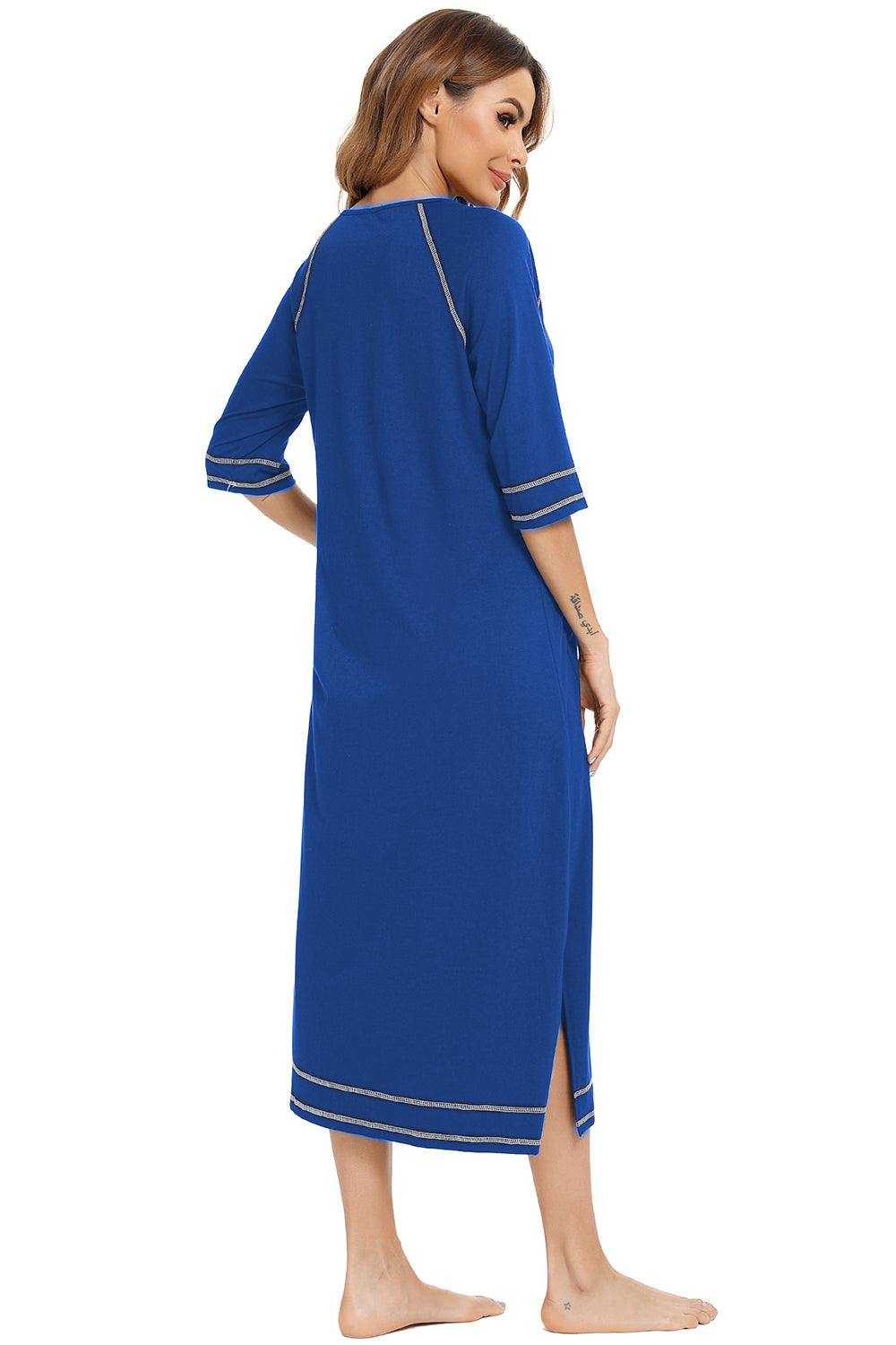 Zip Up Slit Round Neck Night Dress with Pockets in blue, viewed from the back.