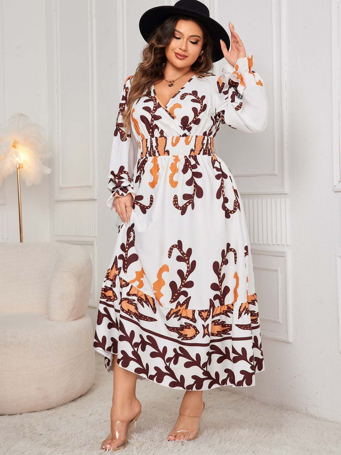 Honey Plus Size Printed Surplice Flounce Sleeve Dress White