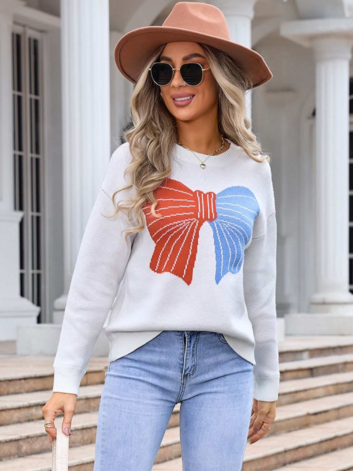 Angel Wings Bow Round Neck Dropped Shoulder Sweater in acrylic with basic style and moderate stretch.