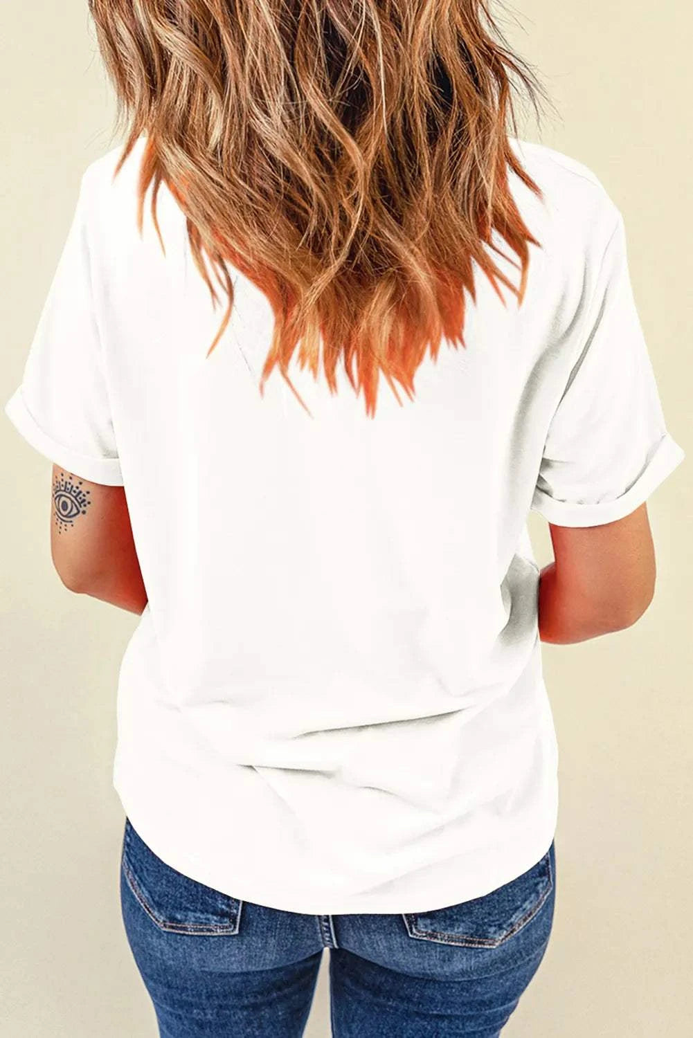 Full Size Bow Round Neck Short Sleeve T-Shirt, basic style, slightly stretchy, polyester-cotton blend.