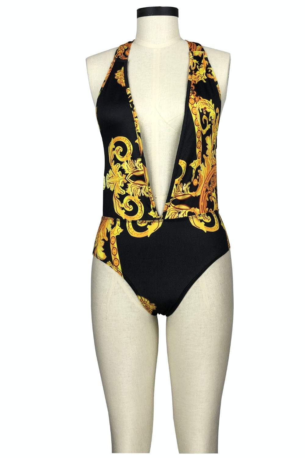 Printed plunge one-piece and cover-up swim set, basic style, stretchy material, 80% polyester, 20% spandex.