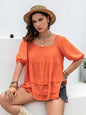 Plus size square neck half sleeve blouse in orange, ruched design, 100% viscose, no stretch.